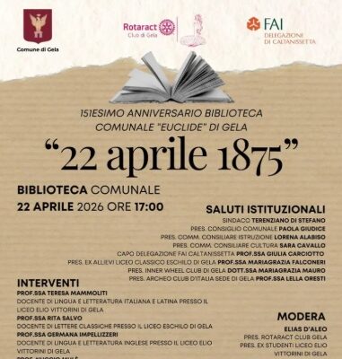 OGGI POMERIGGIO A GELA L’EVENTO CELEBRATIVO PER I 151 ANNI DELLA BIBLIOTECA biblioteca